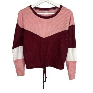 No Boundaries Top Womens Small 3 5 Waffle Knit Pink Burgundy Stripe Casual Shirt